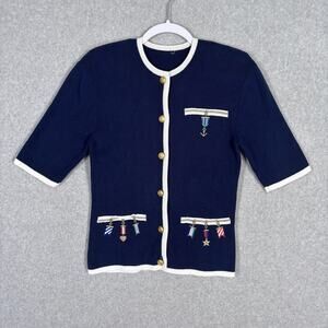 VTG Nautical Embroidered Cardigan Sweater‎ Medium Gold Buttons Anchor Preppy